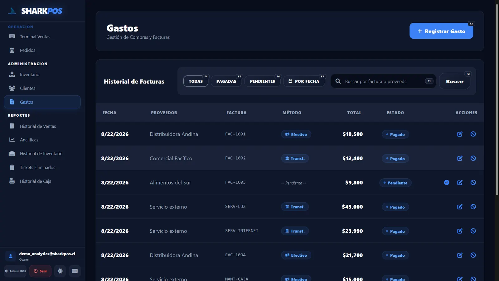 Control de gastos y facturas de proveedores en SharkPOS