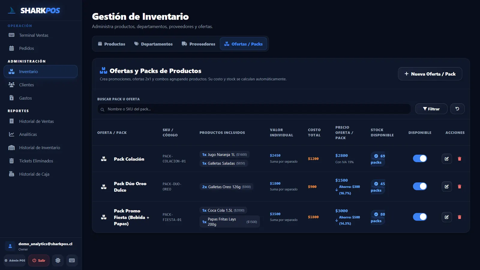 Ofertas y packs de productos configurados en SharkPOS