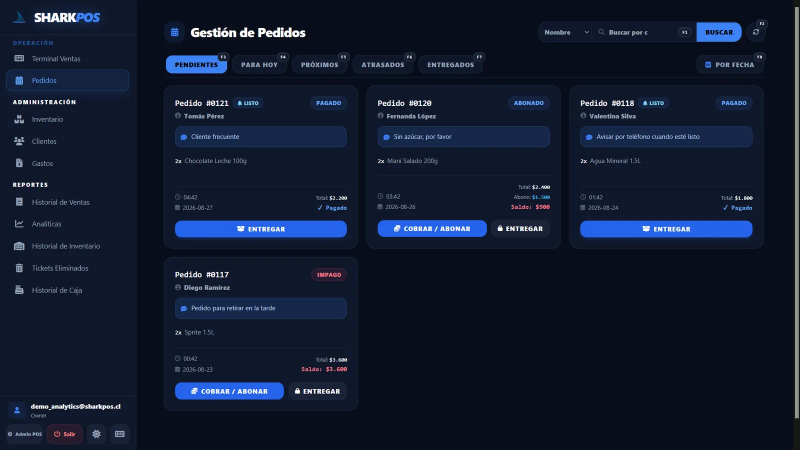 Gestión de pedidos SharkPOS con estados, abonos y entregas