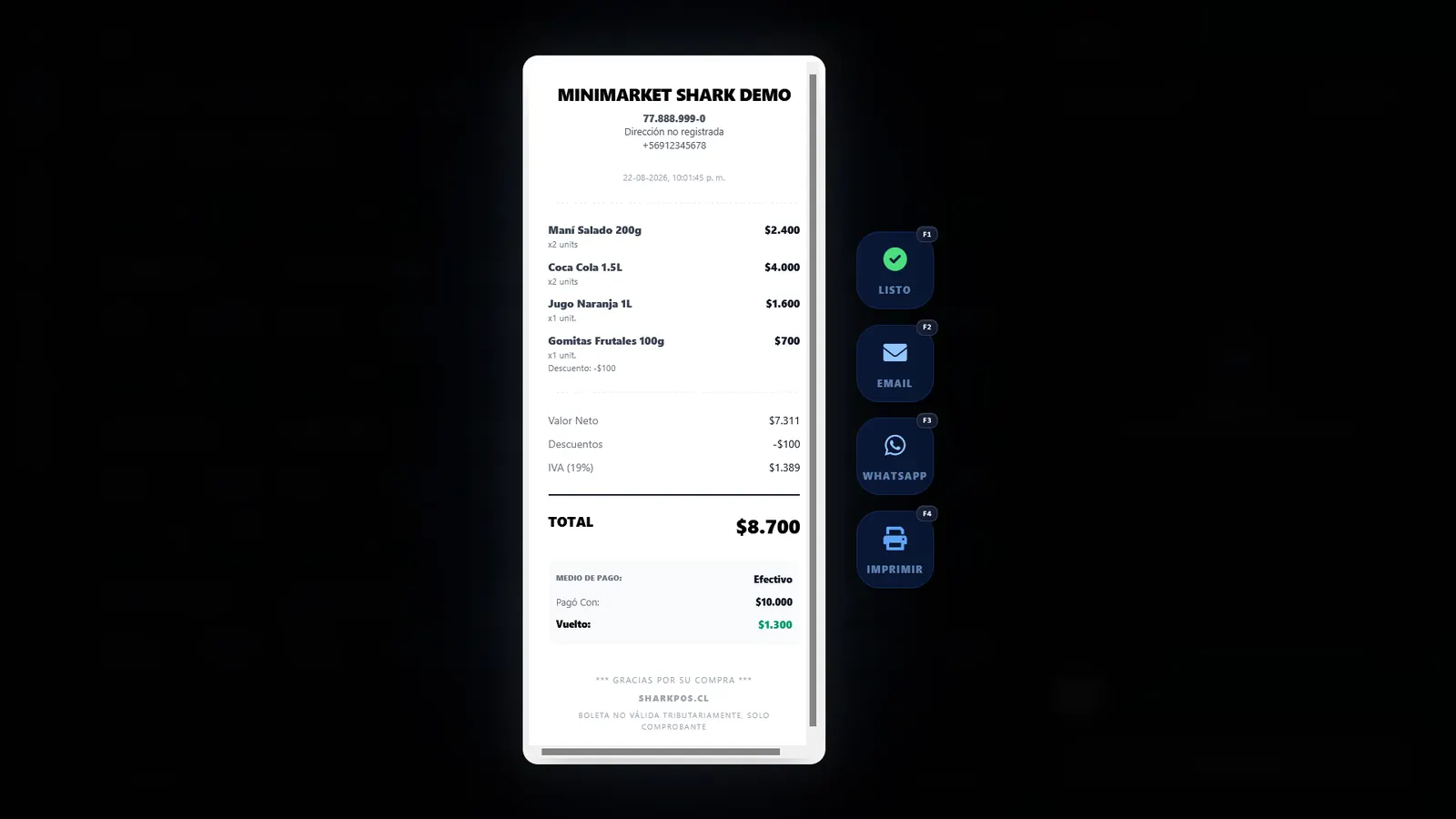 Comprobante de venta SharkPOS listo para imprimir, enviar o compartir