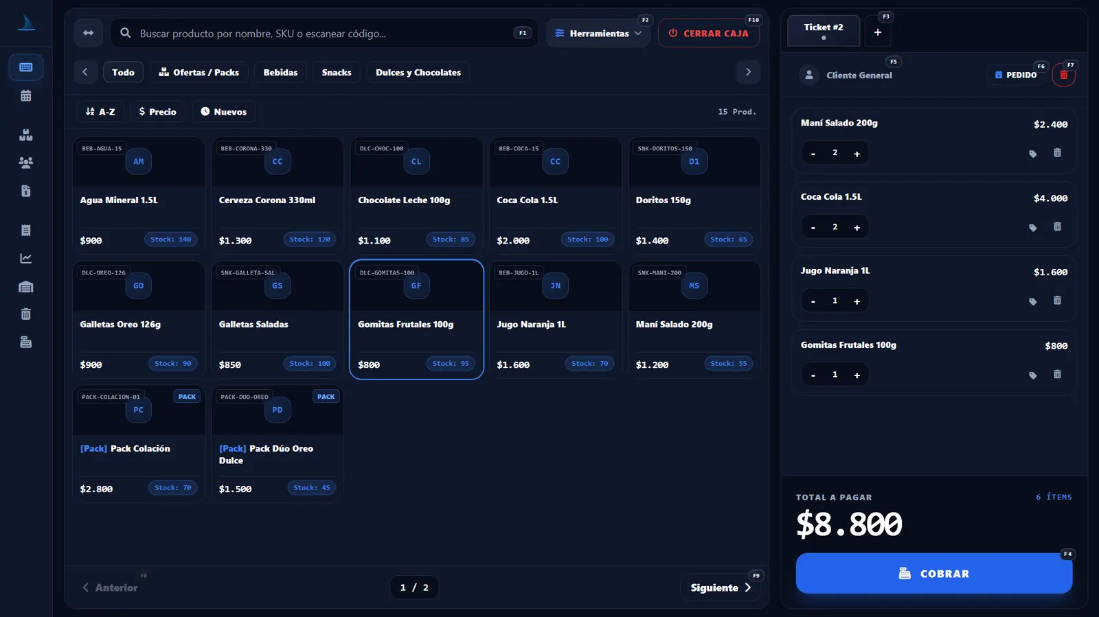 Terminal de ventas SharkPOS con catálogo, carrito y botón de cobro